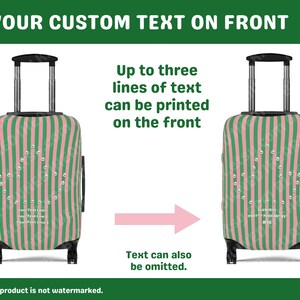 May include: A rolling suitcase featuring a vertical pink and green striped pattern with a central heart shape formed by small white dots. The front displays three lines of customizable text, with a retractable handle and four black wheels.
