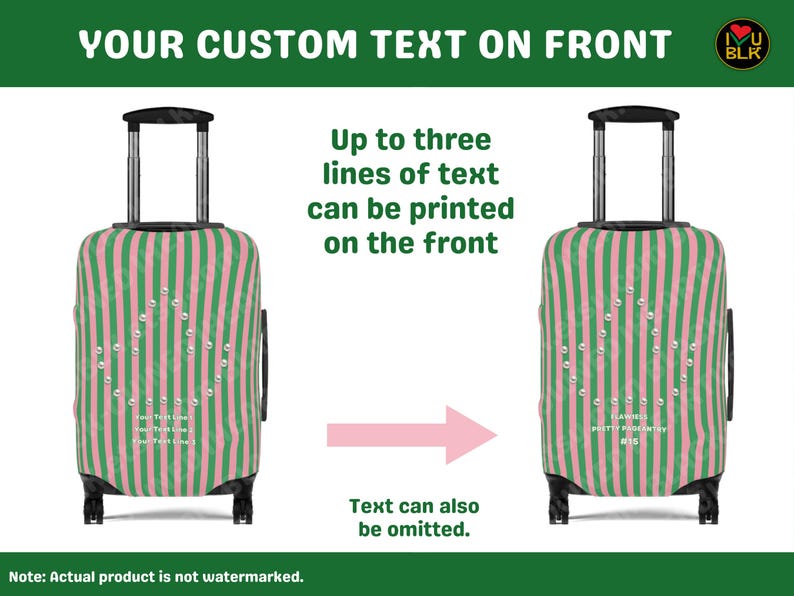 May include: A rolling suitcase featuring a vertical pink and green striped pattern with a central heart shape formed by small white dots. The front displays three lines of customizable text, with a retractable handle and four black wheels.