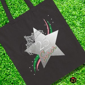 Bolso de plata 25 años Bolsa de hermandad / Regalos verdes rosados para la hermana de línea / Mujeres universitarias Algodón Negro Lona Tote / 25 aniversario de la estrella