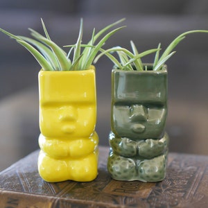 Op de afbeelding: Twee kleine keramische potten in de vorm van een menselijk gezicht, een gele en een groene, met luchtplanten die erin groeien.