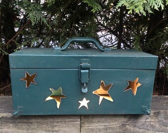 Old Metal Tool Box with Hand Cut Stars- Porch decor Farmhouse Decor Housewarming Gift Light Up Outdoor Decor Upcycled
