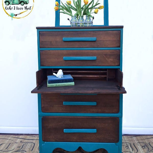 Modern Dresser with Pull Out Desk- Painted Annie Sloan Chalk Paint Blue and Stained Walnut
