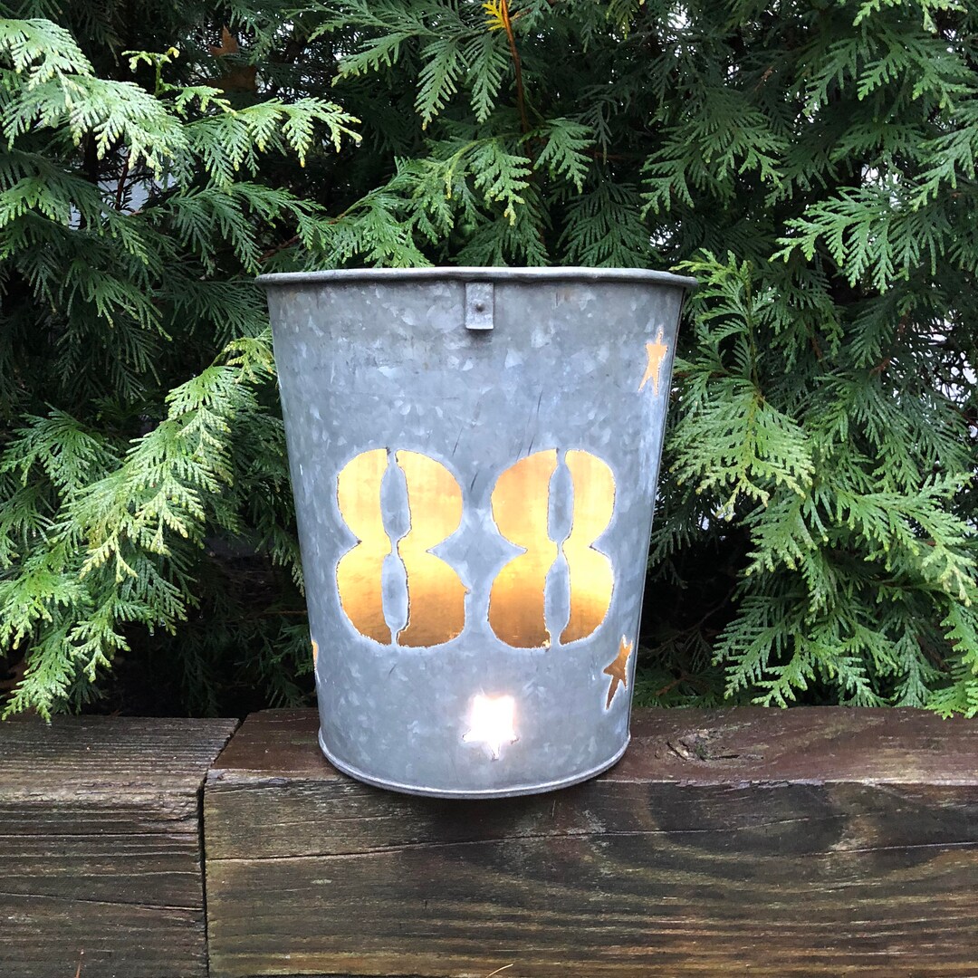 Galvanized Sap Bucket Hand Cut Home Address House Number Sign Outdoors and Illuminated House