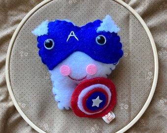 tooth fairy pillow inspired by captain America, hand embroidered and personalised in Sydney Australia