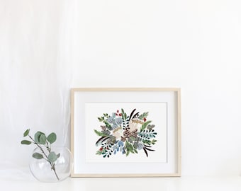 Printable Christmas Floral Watercolor, Digital Christmas Illustration Print, Holiday Wall Decor, Home Decor, Florals