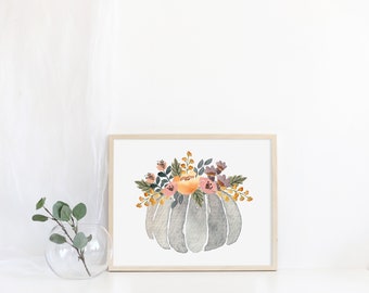 Fall Watercolor Pumpkin, Floral Pumpkin Print, Printable Pumpkin Watercolor, Autumn Watercolor, Blue Pumpkin, Living Room Wall Decor