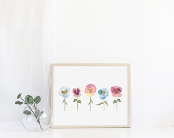 Pansy Floral Print, Botanical Illustration, Floral Watercolor Painting, Nursery Wall Art, Mother's Day, Floral Painting, Home Decor