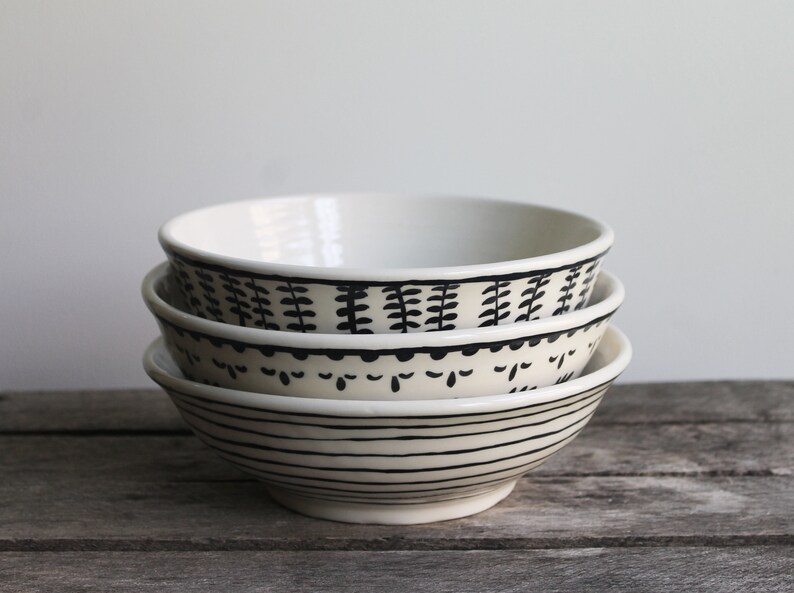 Bowl, Ceramic Bowl, Porcelain, Kitchen Decor, Porcelain Bowl, Pattern Bowl, PotteryWhite and Black Bowls image 1