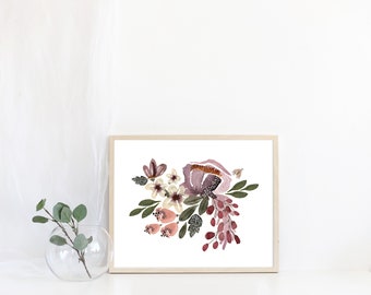 Botanical Floral Print, Botanical Illustration, Floral Watercolor Painting, Nursery Wall Art, Nursery Decor, Floral Art, Purple Floral Print