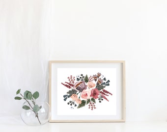 Printable Pink Floral Watercolor, Purple and Pink Floral Watercolor, Floral Home Art, Floral Digital Art