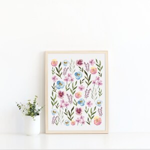 Spring Pansy Floral Print, Botanical Illustration, Floral Watercolor Painting, Nursery Wall Art, Mother&#39;s Day, Floral Painting, Home Decor