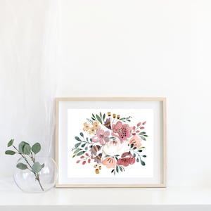 Pink Floral Watercolor, Digital Floral Art, Pink Florals, Green and Pink Floral art, Floral Home Art, Flowers And Greenery