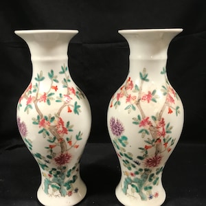 Pair of Antique Chinese 10 1/2&quot; Vases in Floral Design, Bats c.1900