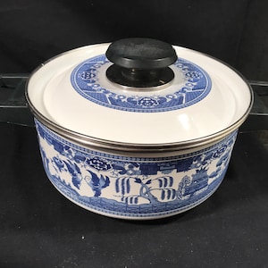 Coperchio per pentola da stufato in acciaio porcellanato smaltato Blue Willow Howard Holt, anni '60