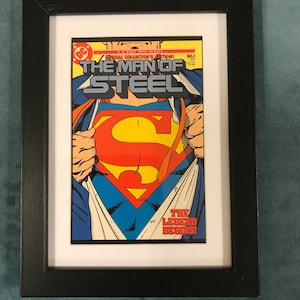DC COMICS Oprawiona/Oprawiona pocztówka 6”x8” Sztuka SUPERMAN Człowiek ze Stali #1, 1986
