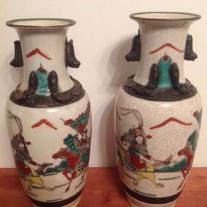 Pair Antique Republic Period Chinese Vases, Warriors on Horseback