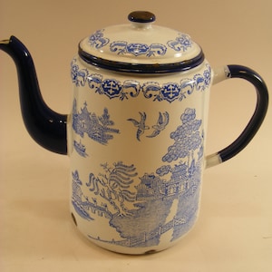 RARE Blue Willow English Enamelware Coffee Pot c.1930