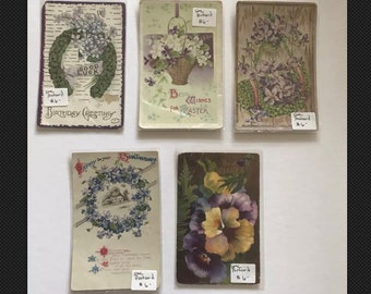 Lot of 5 Old Floral Postcards 1920's Violets, Pansy Pansies