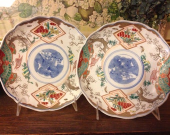Pr. Placas Imari Japonesas 8.5" Ciruelos y Grúas Tsuru c.1820-1840