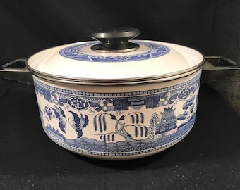 Vintage Blue Willow Howard Holt Porcelainized Steel Enamel Large Stew Pot Lid 1960s
