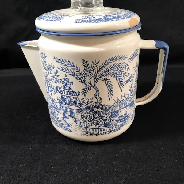 Unusual Blue Willow Enamelware Coffee Pot with original strainer