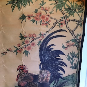 Vintage Chinese Rooster under Cherry Blossoms Scroll 26 1/2&quot; x 60&quot;
