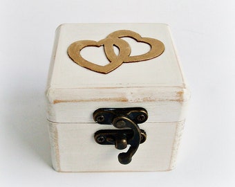 Hearts Ring box Wooden ring box Wedding ring holder Ring bearer sign Ring bearer pillow alternative  White ring boxes Golden Hearts