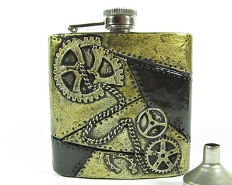 Hip Flask 6 Oz, Antique gold color, Steampunk Hip Flask, Boyfriend Gift, Steampunk Art, Gift Father of Groom Gift, Gift for Best Man