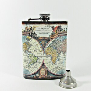 Acier inoxydable 8 oz + Entonnoir, Flacon de carte géographique de hip flasque, globe de terre, carte antique du monde, vieille fiole de hanche de carte, flacons de poche
