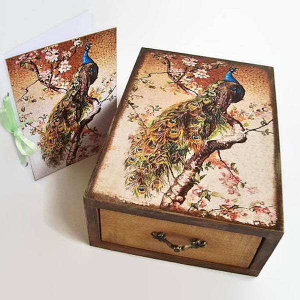 Peacock Drawer, Boîte et carte postale Paon cadeau d'amour, Boîte à bijoux en bois Bijouterie Peacock decor Crayon à bijoux boîte découpage
