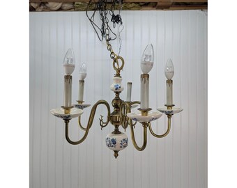5-Light Chandelier Delft? Blue White Ceramic Brass Arm Floral Bird Hanging Lamp