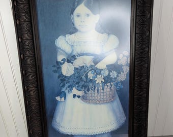 Framed Lithograph Art Print Girl with Basket of Flowers Art Nouveau 31.5x19.5"
