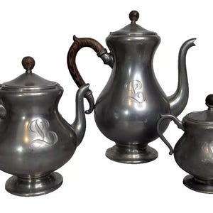 Royal Holland Pewter 3pcs. KMD Vtg Capital &quot;L&quot; Coffee Tea Pot Server Wood Handle