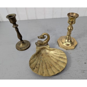Vintage Colomar Artworks Brass Shell Dolphin Dish & 2 Brass Candlesticks Set