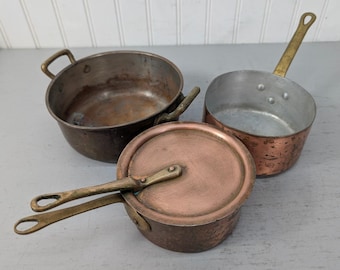 Vintage 3pc Copper Cookware Set Brass Handles Farmhouse Country Kitchen Decor