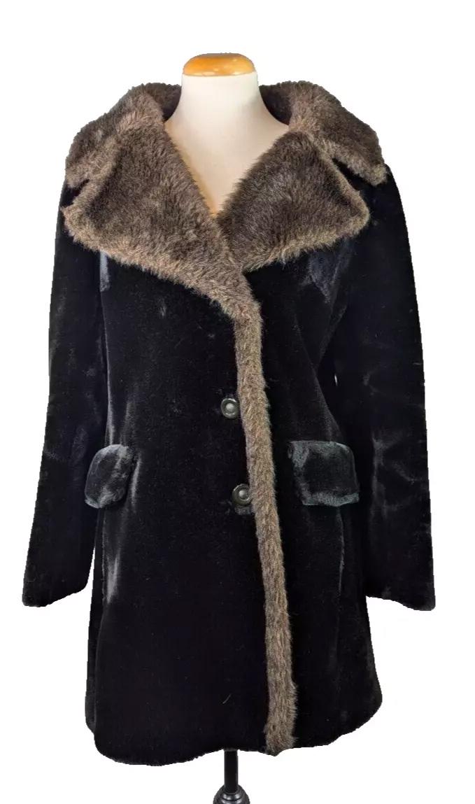 Vtg GlenorbaDonnybrook LTD Glenoit Faux Fur Black Brown Trim Coat Winter Womens
