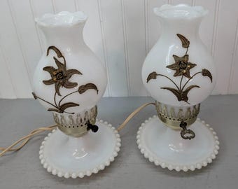 Vintage Milk Glass Hurricane Lamp Gold Relief Hand Painted 3D Flowers Set of 2