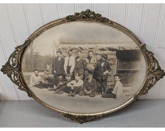 Antique Oval Framed Photo Boys Basketball Team Sepia 21x16 Gold Metal Victorian
