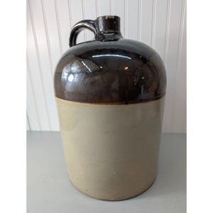 Vtg 5 Gallon Stoneware Jug Crock Straight Sided Two-Tone Brown Beige Salt Glazed