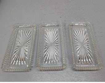Vintage Oneida? Clear Pressed Glass Sunburst Rectangular Serving Trays Set of 3