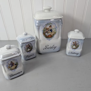 Vtg Porcelain Spice Canister Set Barley Cinnamon Pepper Nutmeg Victorian w/ Lid