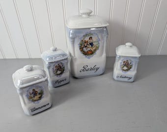 Vtg Porcelain Spice Canister Set Barley Cinnamon Pepper Nutmeg Victorian w/ Lid