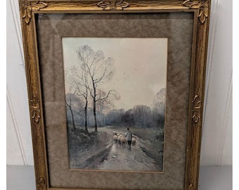 Antique Frederick Arnold The Shepherd Lithograph Framed Gold Gilt Ornate Signed