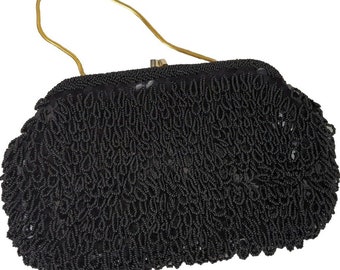 Vintage Flapper Beaded Black Beaded Purse Hong Kong Hand Made Gold Chain  10"x6"