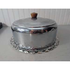 Vintage Chrome Cake Carrier Metal Dome Starburst Glass Base Wood Knob 11 in
