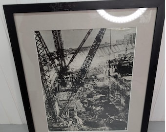 Vintage Stu Art Framed Photograph Construction Site Black and White Cranes Dams