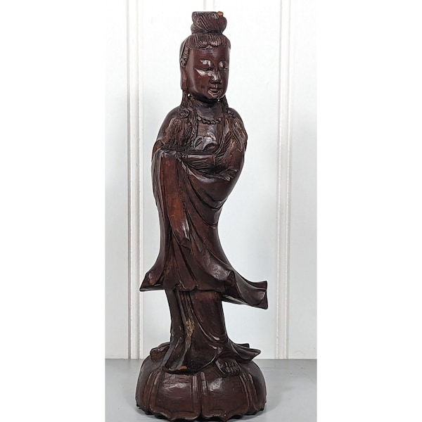 Hand Carved Wood Kwan Yin Guanyin Female Buddha Rosewood Height 11" Women VTG