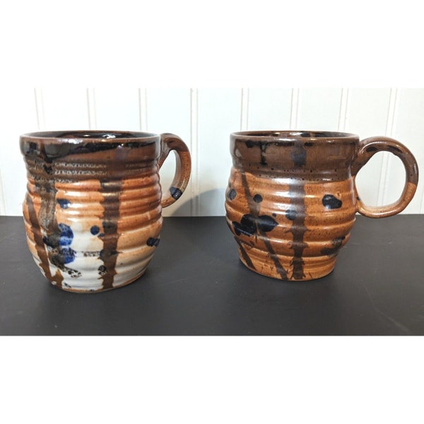 Hand Thrown Studio Art Pottery Mug Set 2 Clay Stoneware Coffee Marked Brown