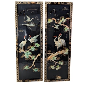 Pair Of Chinoiserie Abalone Crane Wall Art Panels Black Lacquer Inlay Vintage