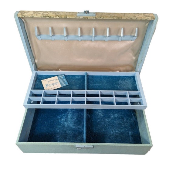 Vintage MCM Aqua Paisley Jewelry Box 2-Tier 1950s… - image 4